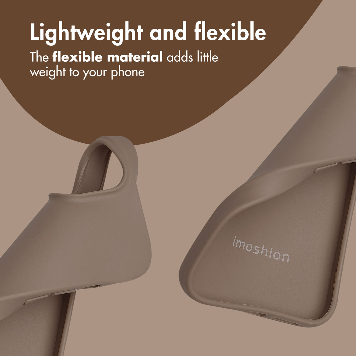 Funda de teléfono flexible topo con texto "imoshion" sobre fondo beige y texto promocional.
