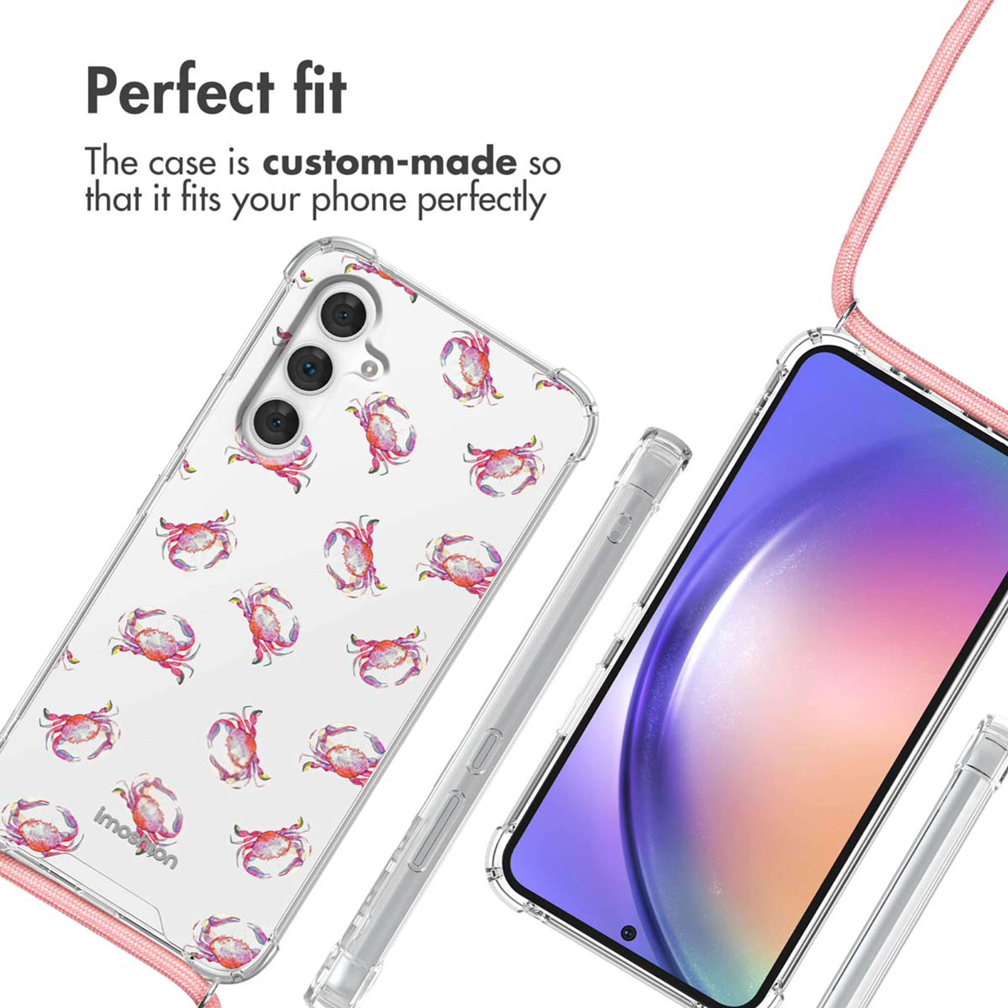 Coque de téléphone transparente avec des crabes et une lanière rose.
