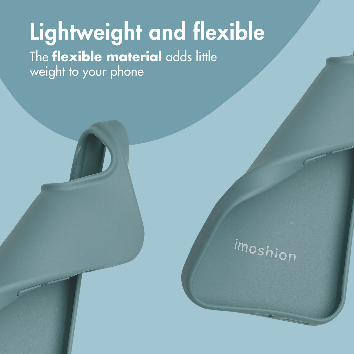 Zwei flexible, blaue Handyhüllen von imoshion vor hellem Hintergrund mit Text.