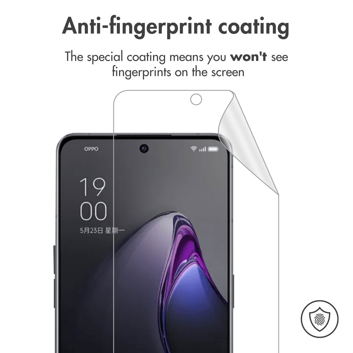 Anti-fingerprint coating on a smartphone screen with a protective film.