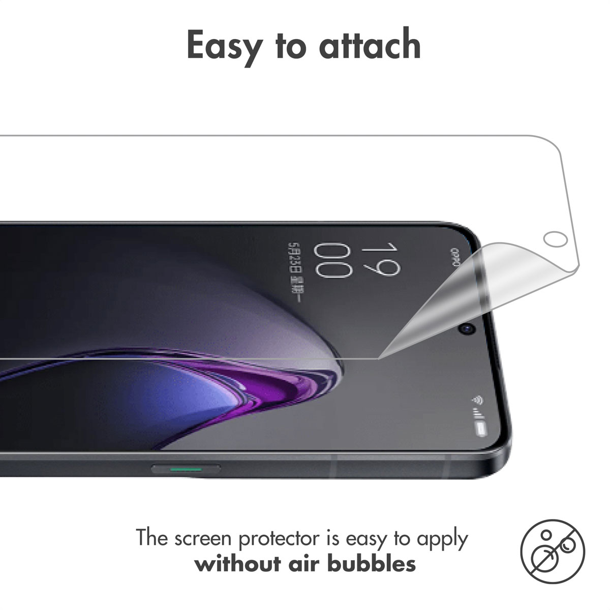 A screen protector is easily applied to a smartphone, with text at the top and bottom.