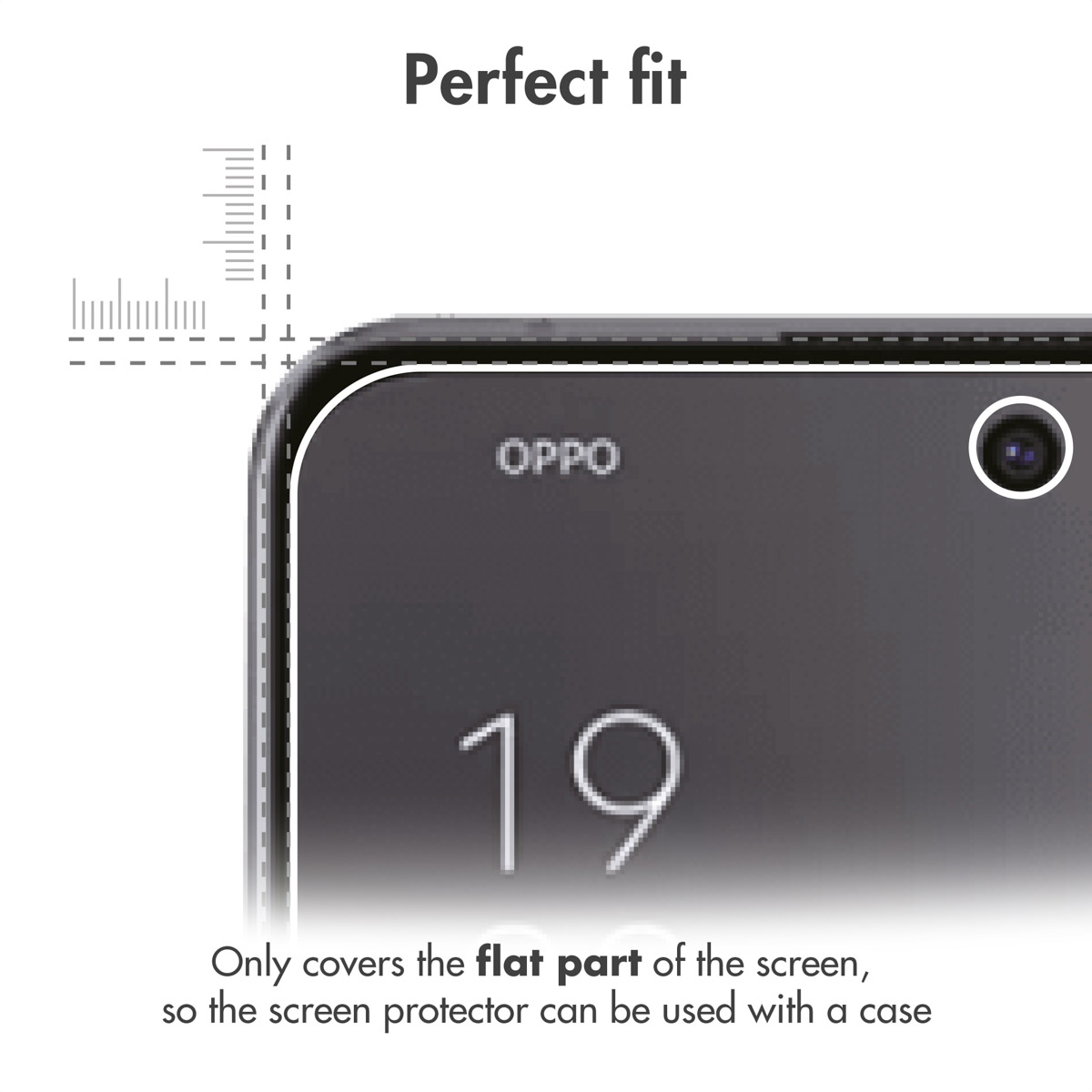 Close-up of an Oppo phone showing screen protector coverage on the flat part of the screen with measurement lines.