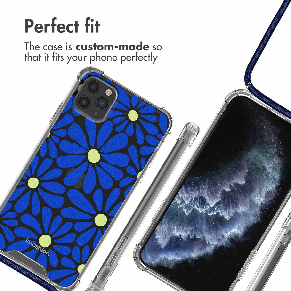 Una custodia trasparente con fiori blu e gialli, mostrata da retro e fronte con cordino.