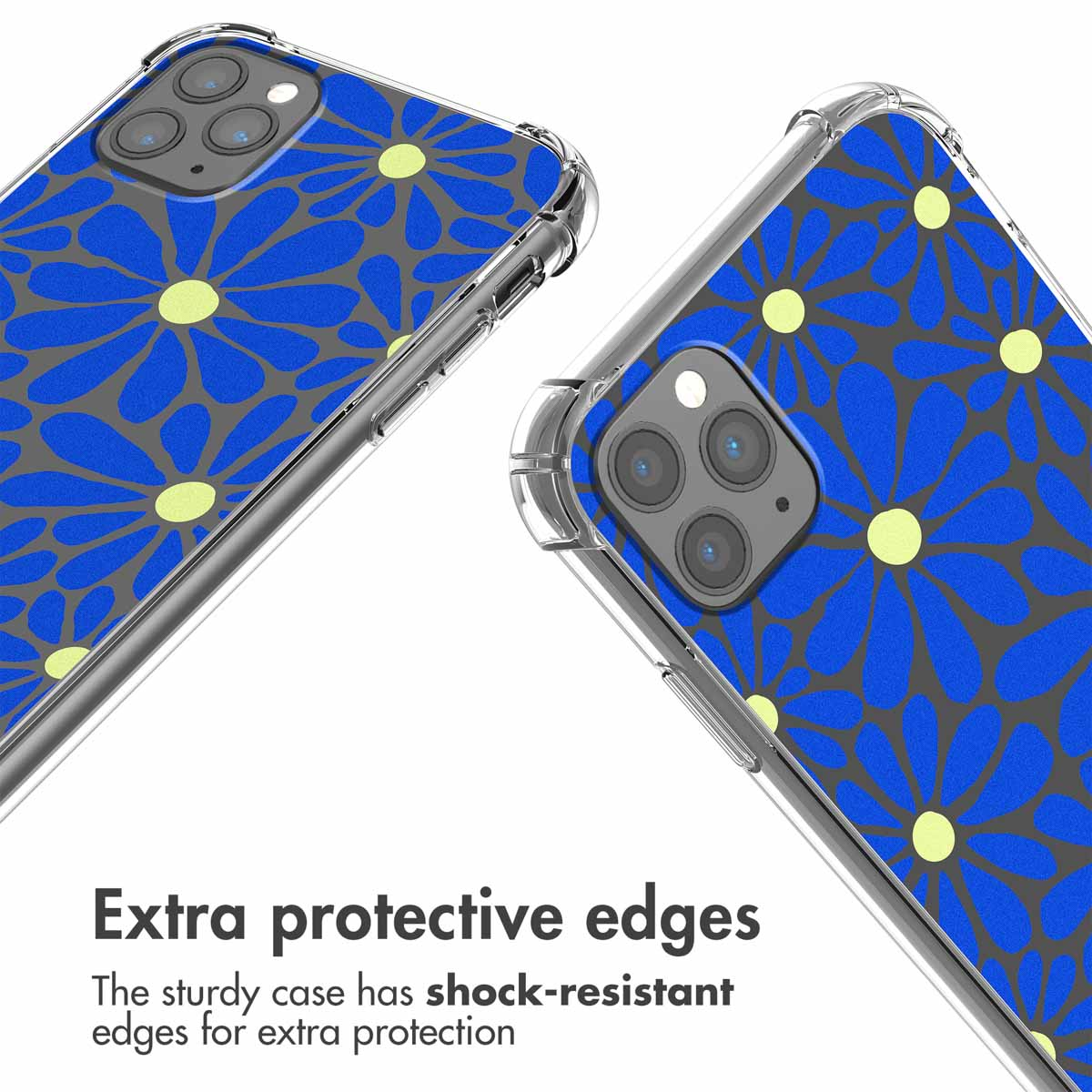 Due cover per telefono con margherite blu e gialle su sfondo grigio e bordi antiurto.