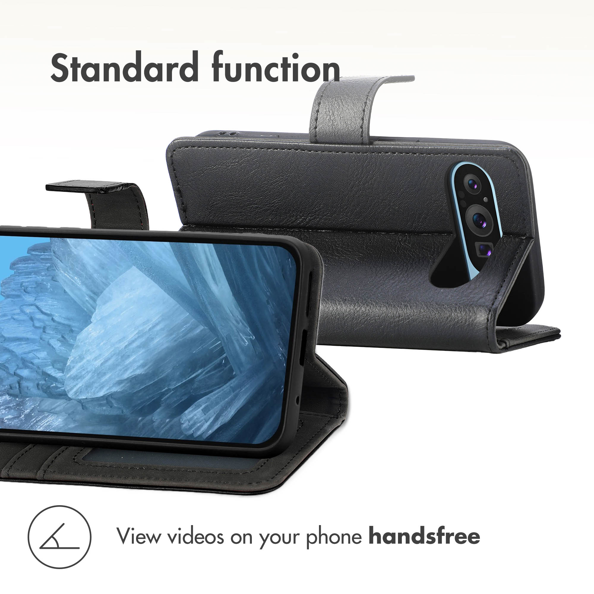 Custodia per telefono in pelle nera che funge da supporto per guardare video a mani libere.