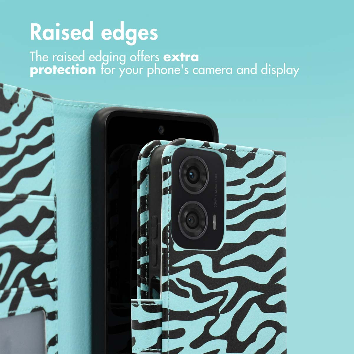 Eine blau-schwarze Handyhülle mit Zebradruck zeigt erhöhte Ränder für Kamera- und Displayschutz.