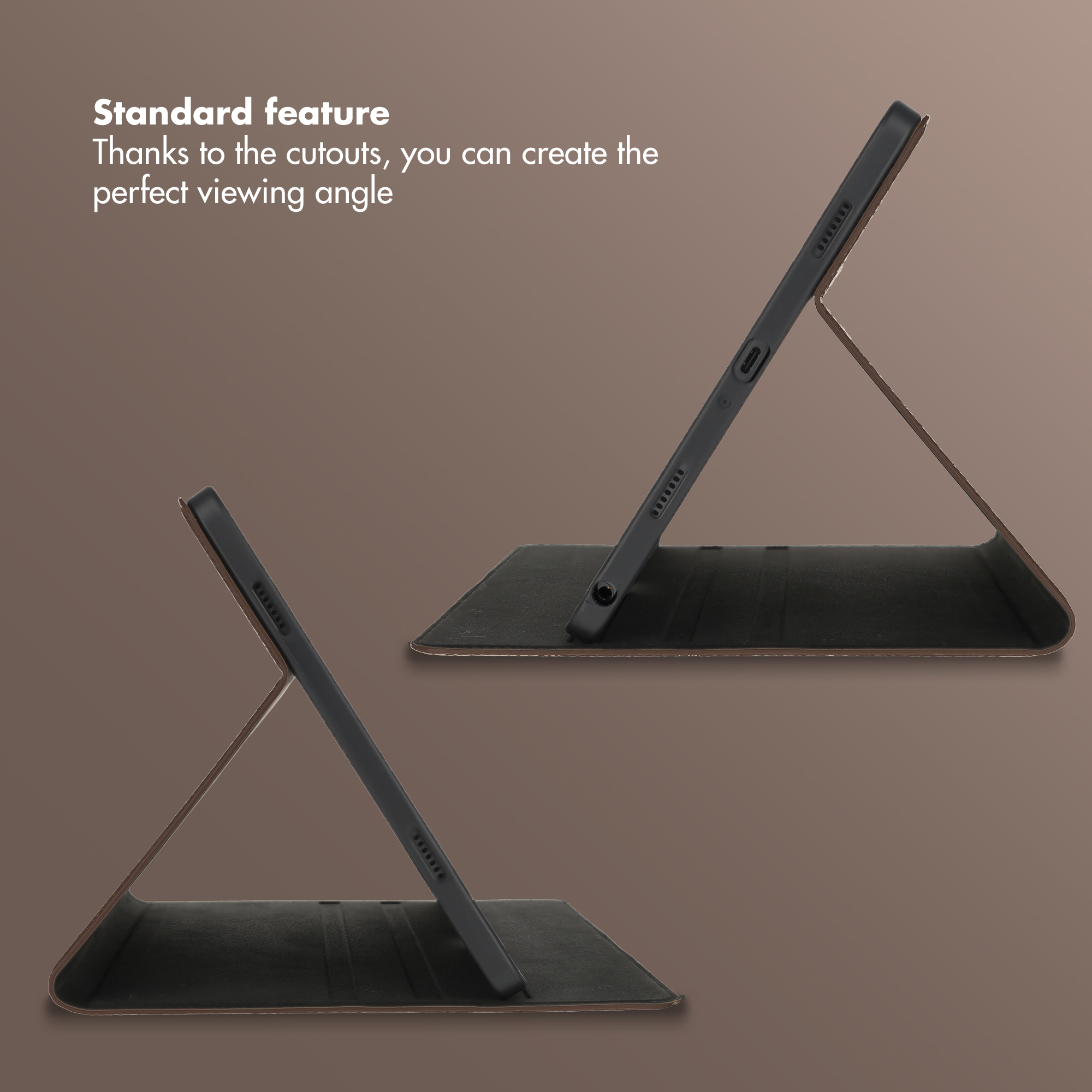 Twee tablets in bruine hoezen op een bruine achtergrond met tekst over kijkhoekinstelling.