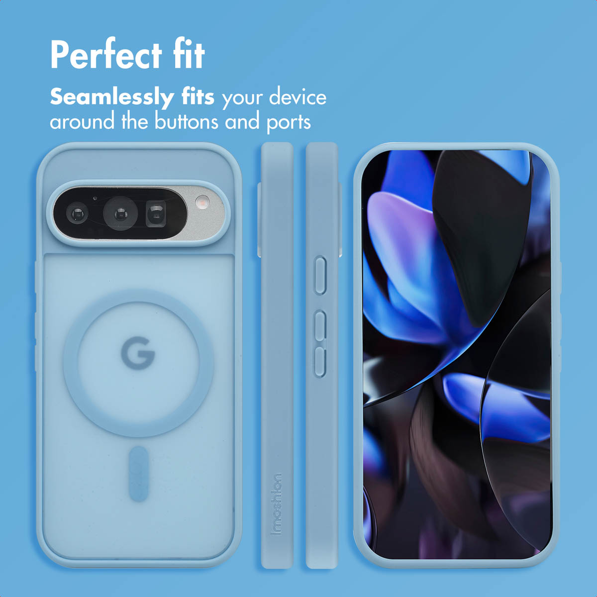Una custodia per telefono azzurra mostrata da più angolazioni con ritagli per fotocamera e pulsanti, su sfondo blu.