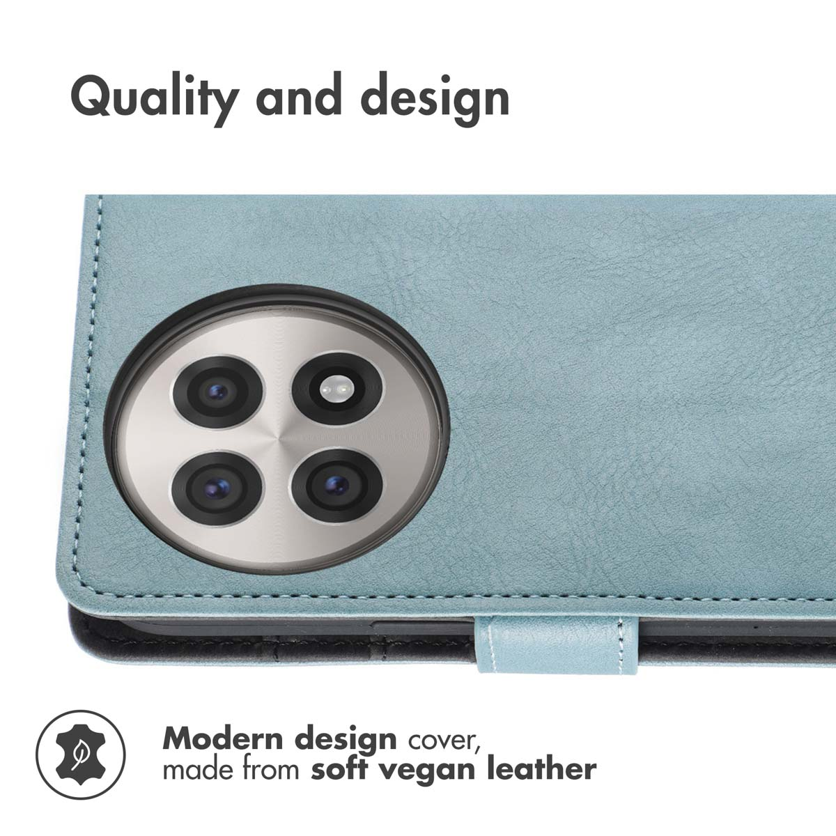 Custodia per telefono in pelle vegana blu con ritaglio circolare per fotocamera e testo sulla qualità.