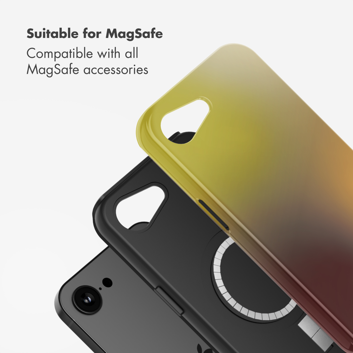 Custodie per telefoni compatibili MagSafe in gradiente giallo-rosso e nero su sfondo bianco con testo.