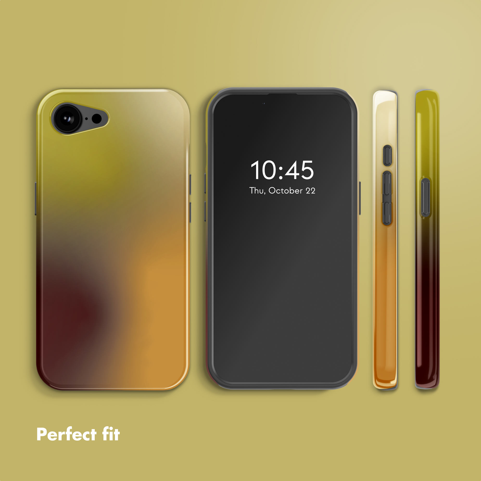 Quattro viste di uno smartphone con cover sfumata oro e marrone su sfondo neutro, con la scritta "Perfect fit".
