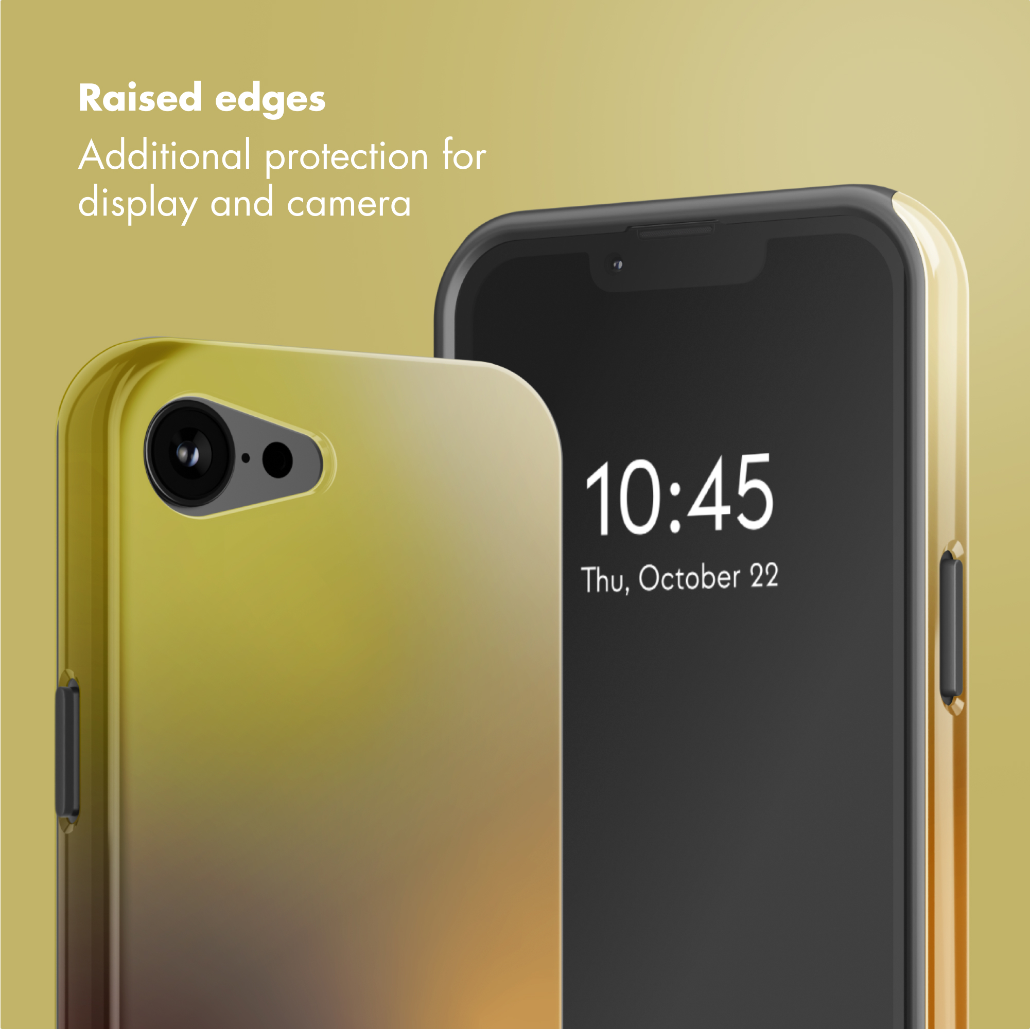 Cover per telefono sfumate in oro che mostrano bordi rialzati per la protezione di fotocamera e schermo.