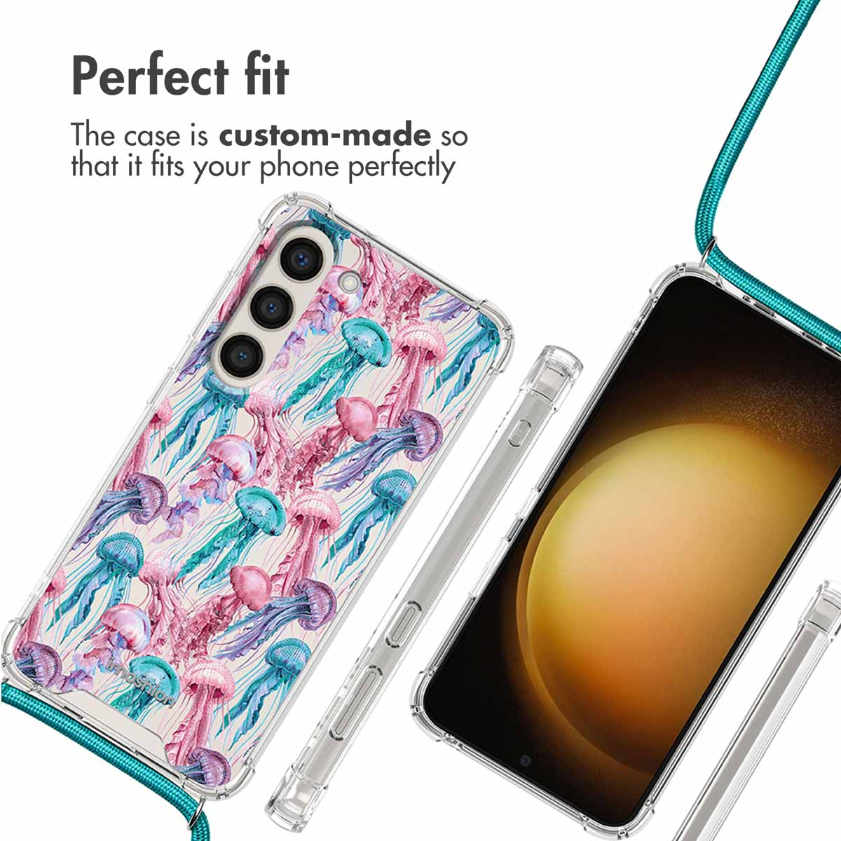 Transparant smartphonehoesje met kleurrijke kwallen en draagkoord.