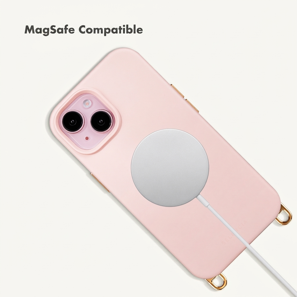 Roze telefoonhoesje met MagSafe-oplader en gouden ringen op een lichte achtergrond.