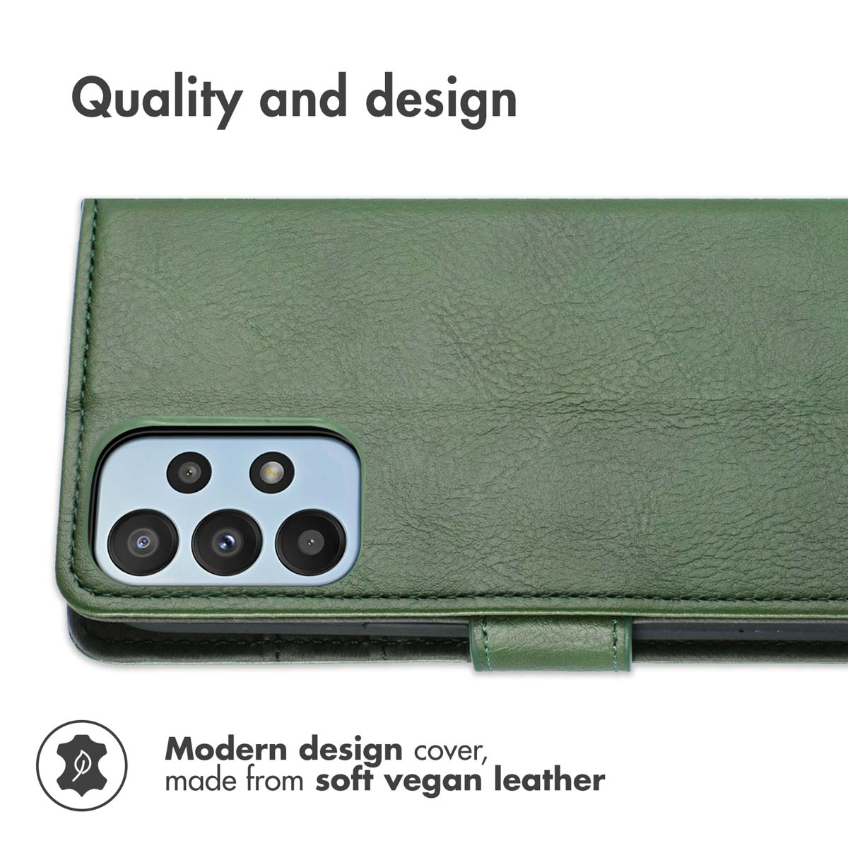 Coque de téléphone en cuir végétalien vert avec découpe pour appareil photo.