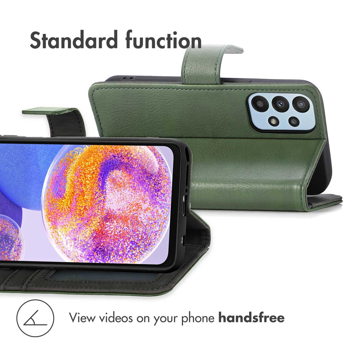 Étui de téléphone en cuir vert utilisé comme support pour regarder des vidéos.