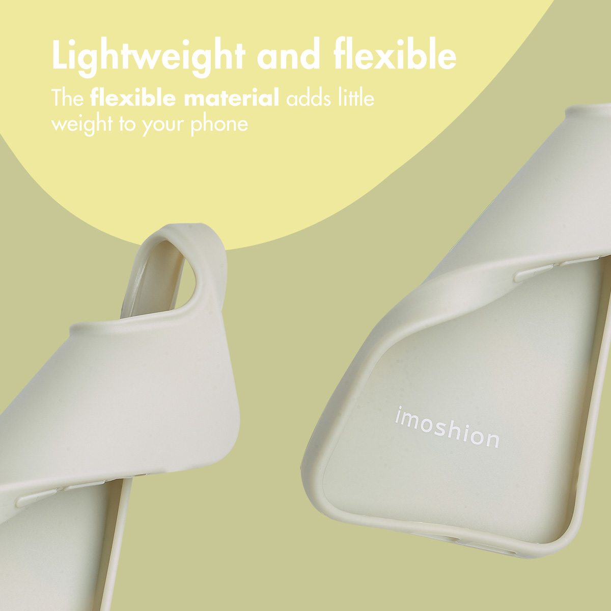 Dos fundas de teléfono beige flexibles sobre fondo verde claro y amarillo con texto.