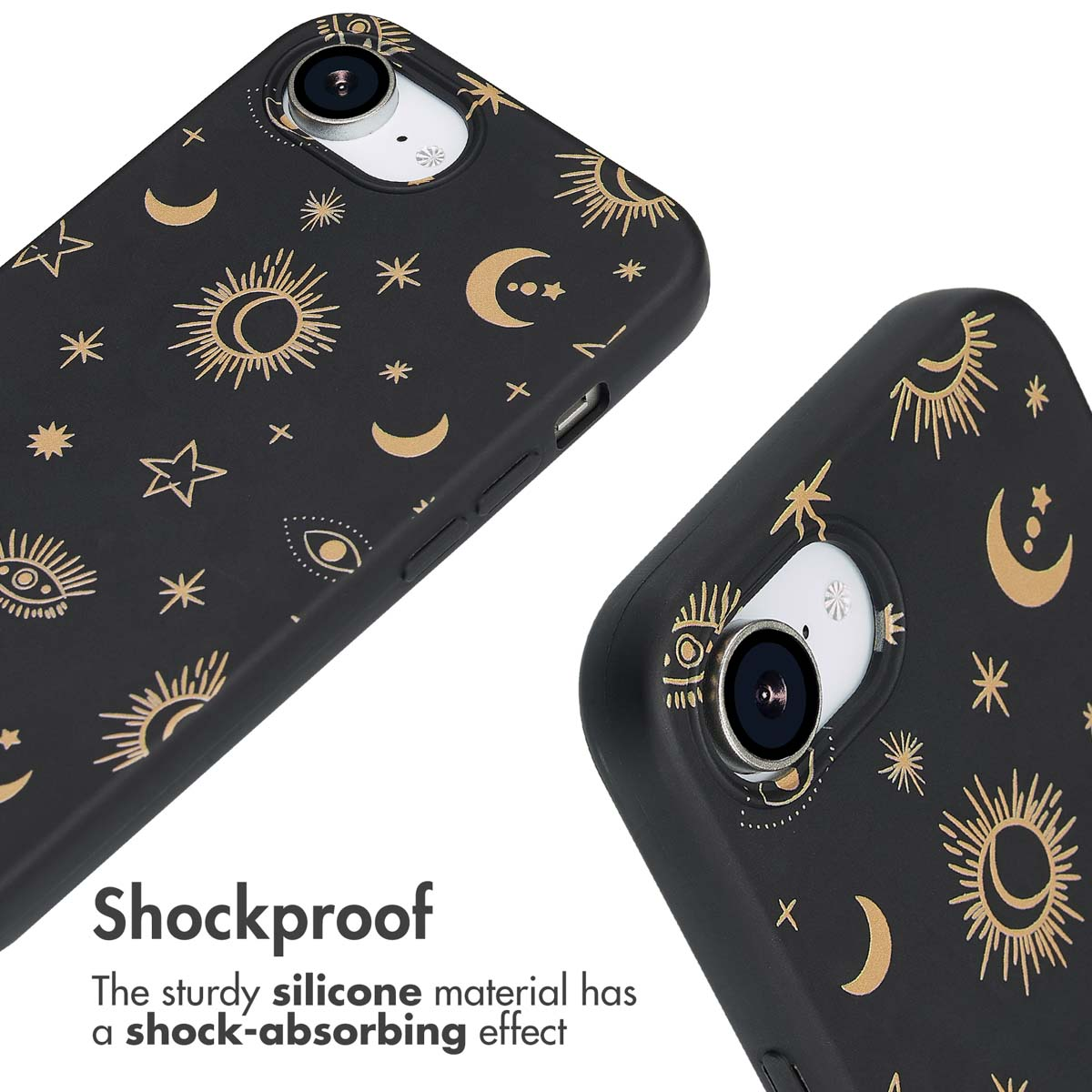 Coque de téléphone en silicone noir avec motifs dorés de soleil, lune et étoiles.