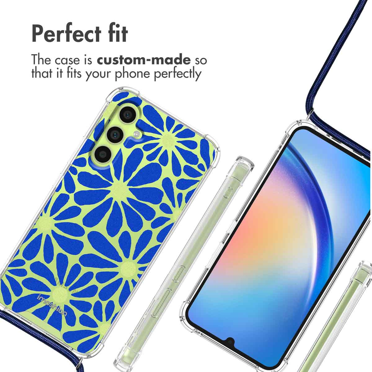 Coque de téléphone à motifs floraux bleu-vert, à côté un smartphone avec une sangle bleue et un écran lumineux.
