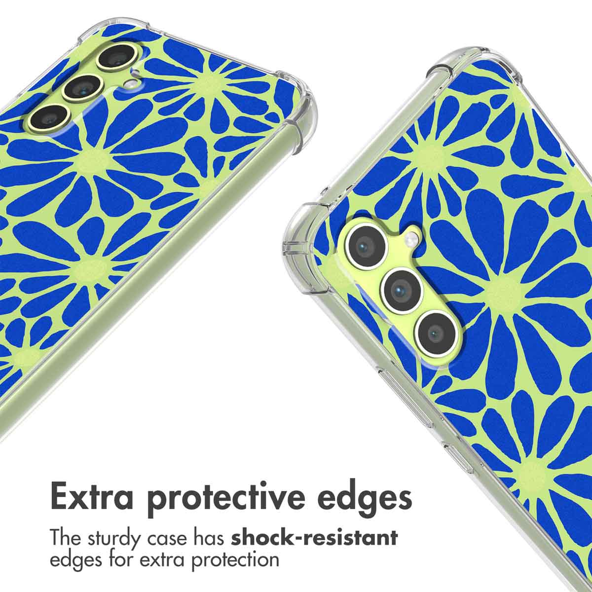 Coque de téléphone transparente avec motif floral bleu sur fond vert clair et bords antichoc.