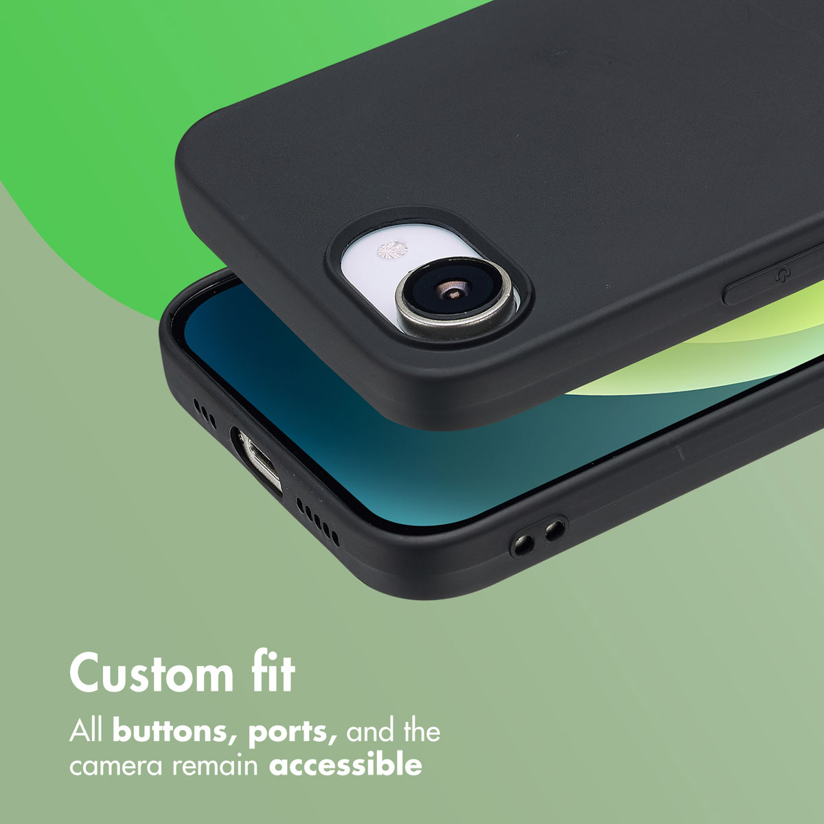 Una cover per smartphone nera su sfondo verde con testo che indica che tasti, porte e fotocamera restano accessibili.