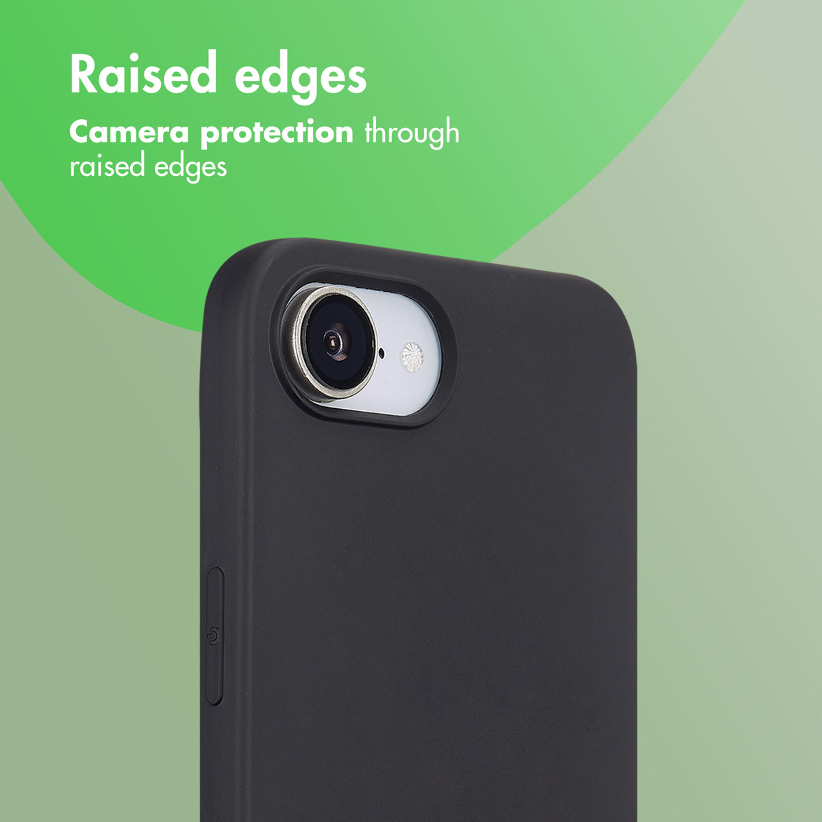 Una cover per telefono nera con bordi rialzati attorno alla fotocamera.