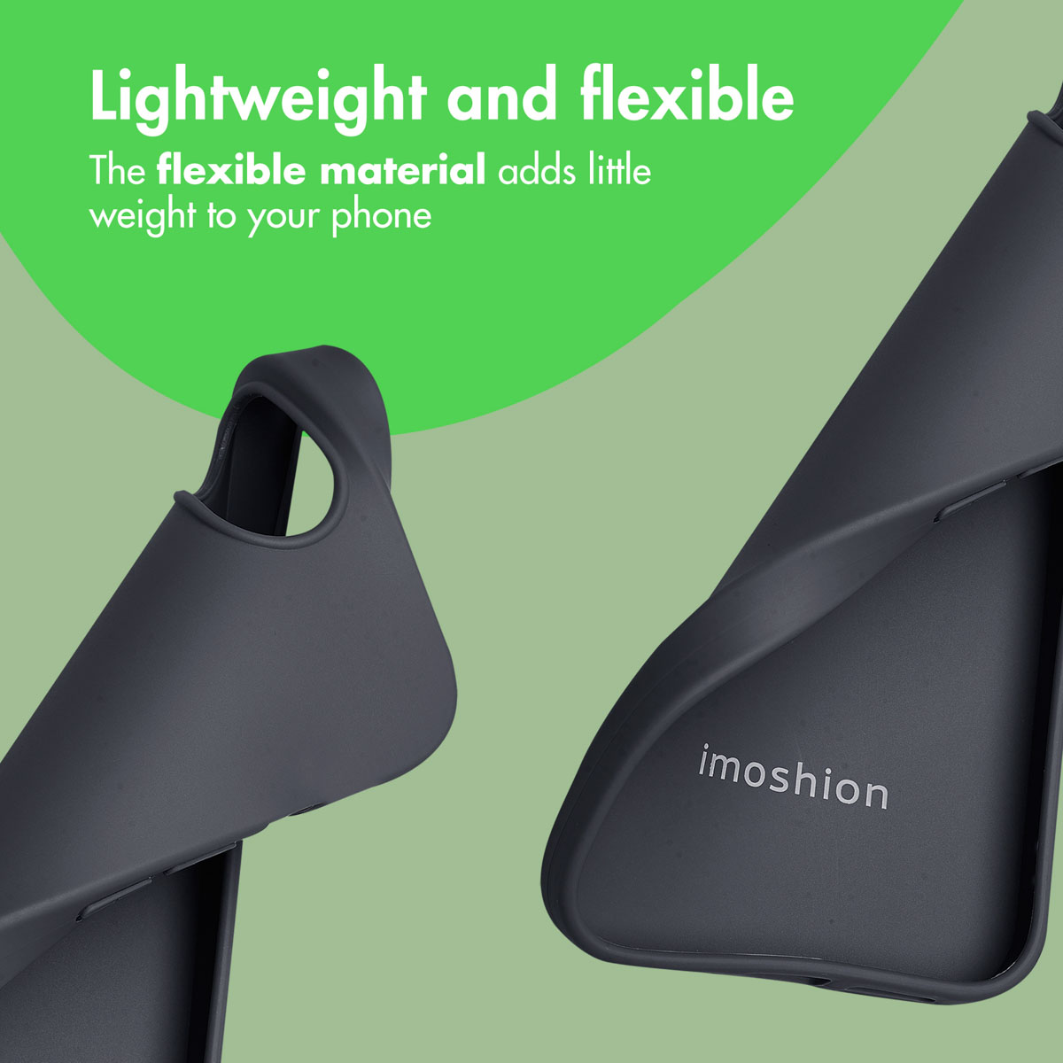 Due custodie per cellulare imoshion scure e flessibili su sfondo verde con testo.