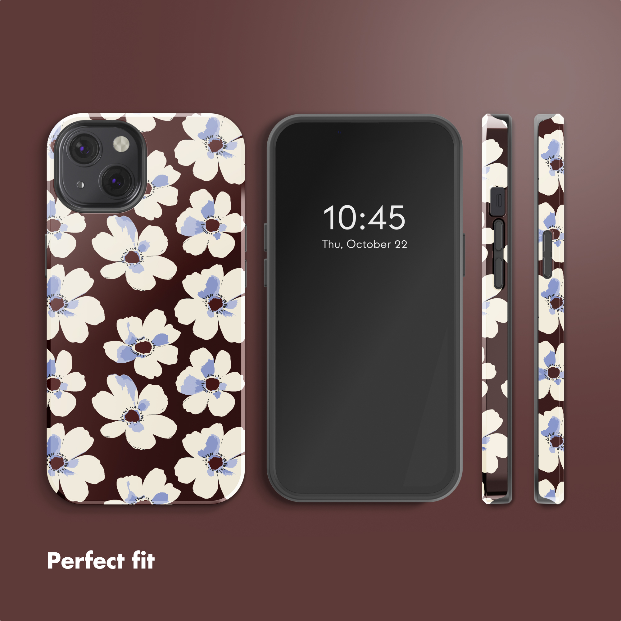 Uno smartphone con cover marrone scuro con motivo di fiori bianchi e blu. Testo: Vestibilità perfetta.