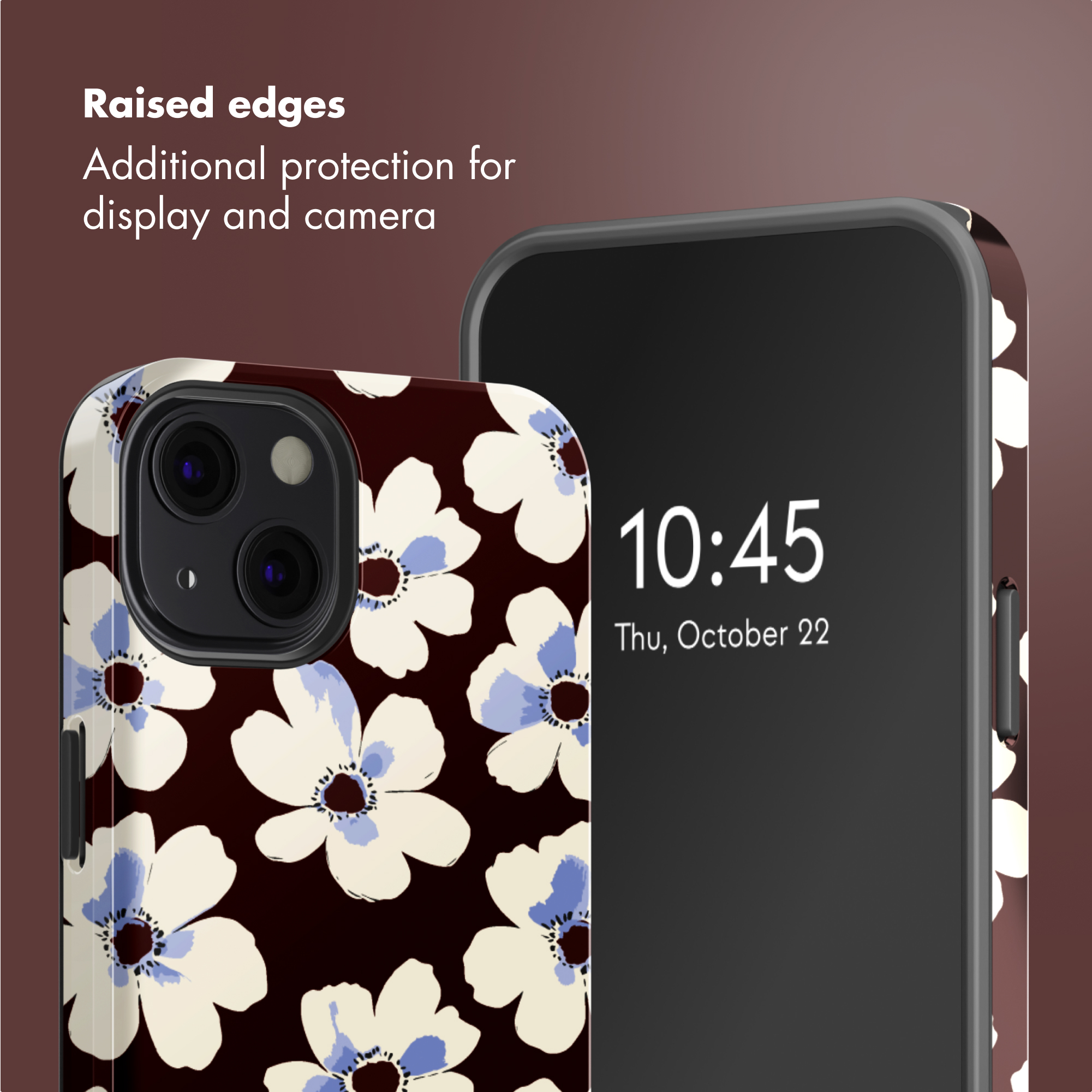 Smartphone con cover protettiva floreale su sfondo marrone.