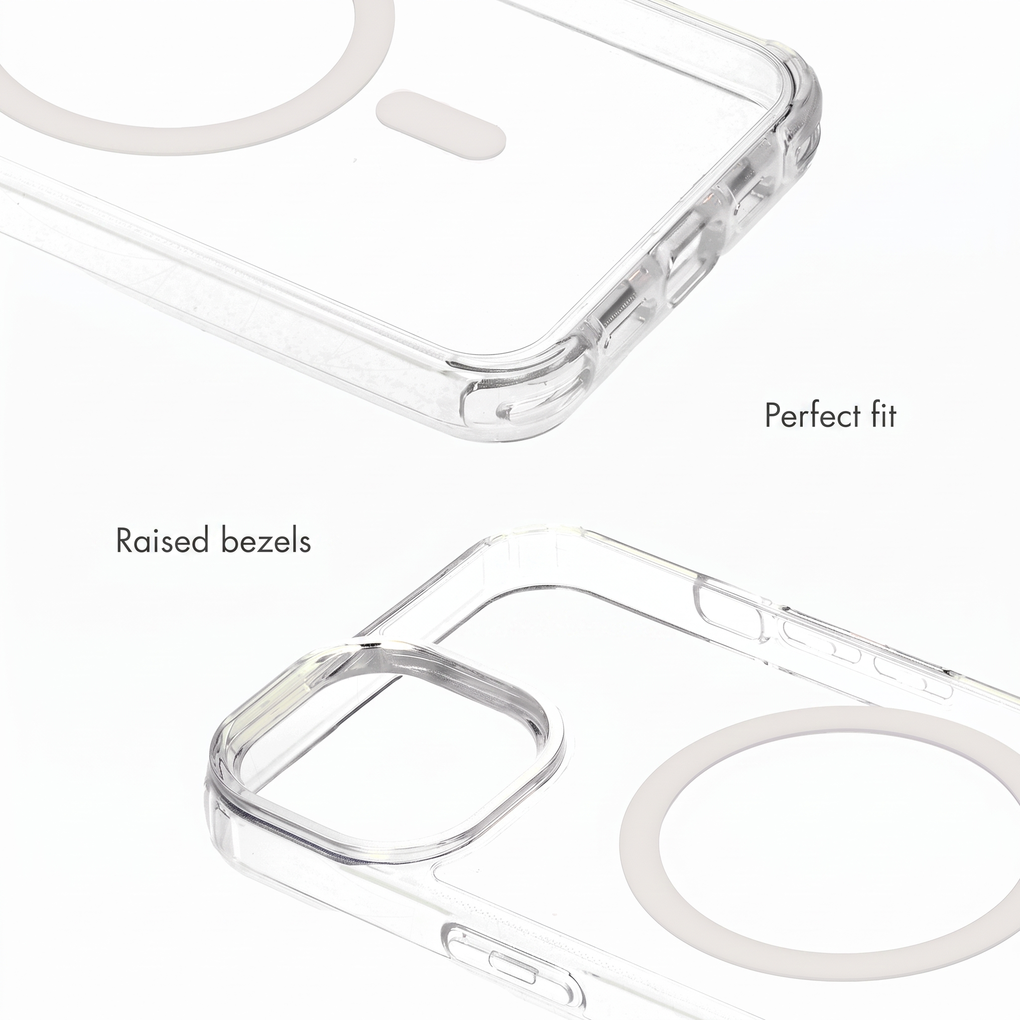 Transparante telefoonhoes met MagSafe ring en opstaande randen, met tekst.
