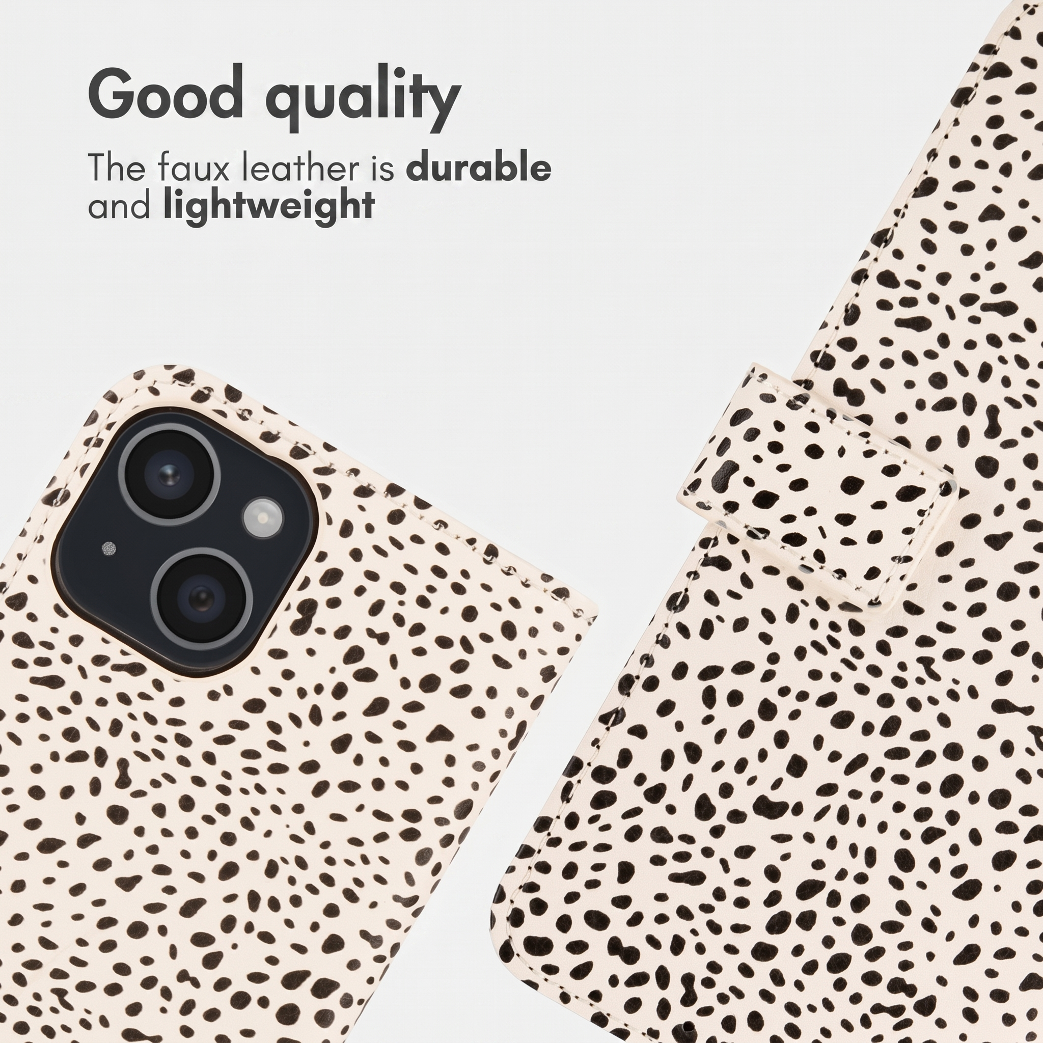 Beige telefoonhoesje met zwart dalmatïërsprintje, twee camera's en promotietekst.