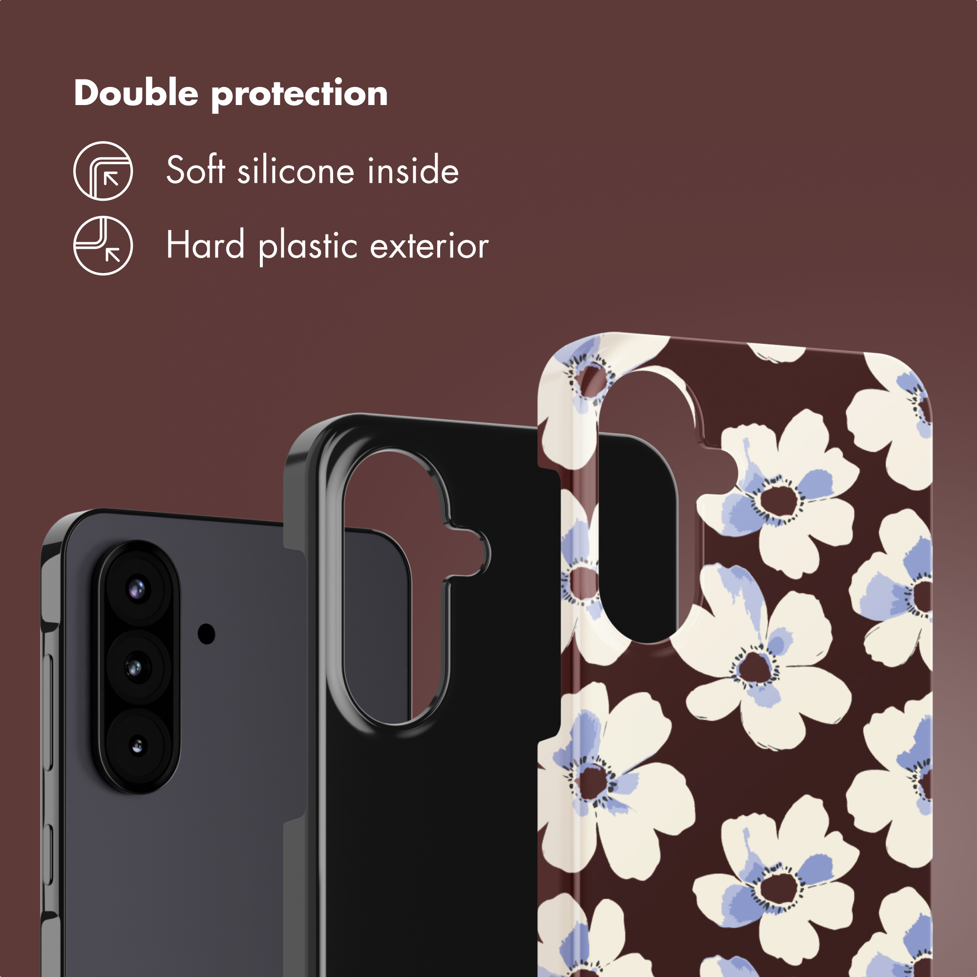 Custodia per telefono floreale che illustra le caratteristiche di protezione con testo e icone su sfondo marrone.