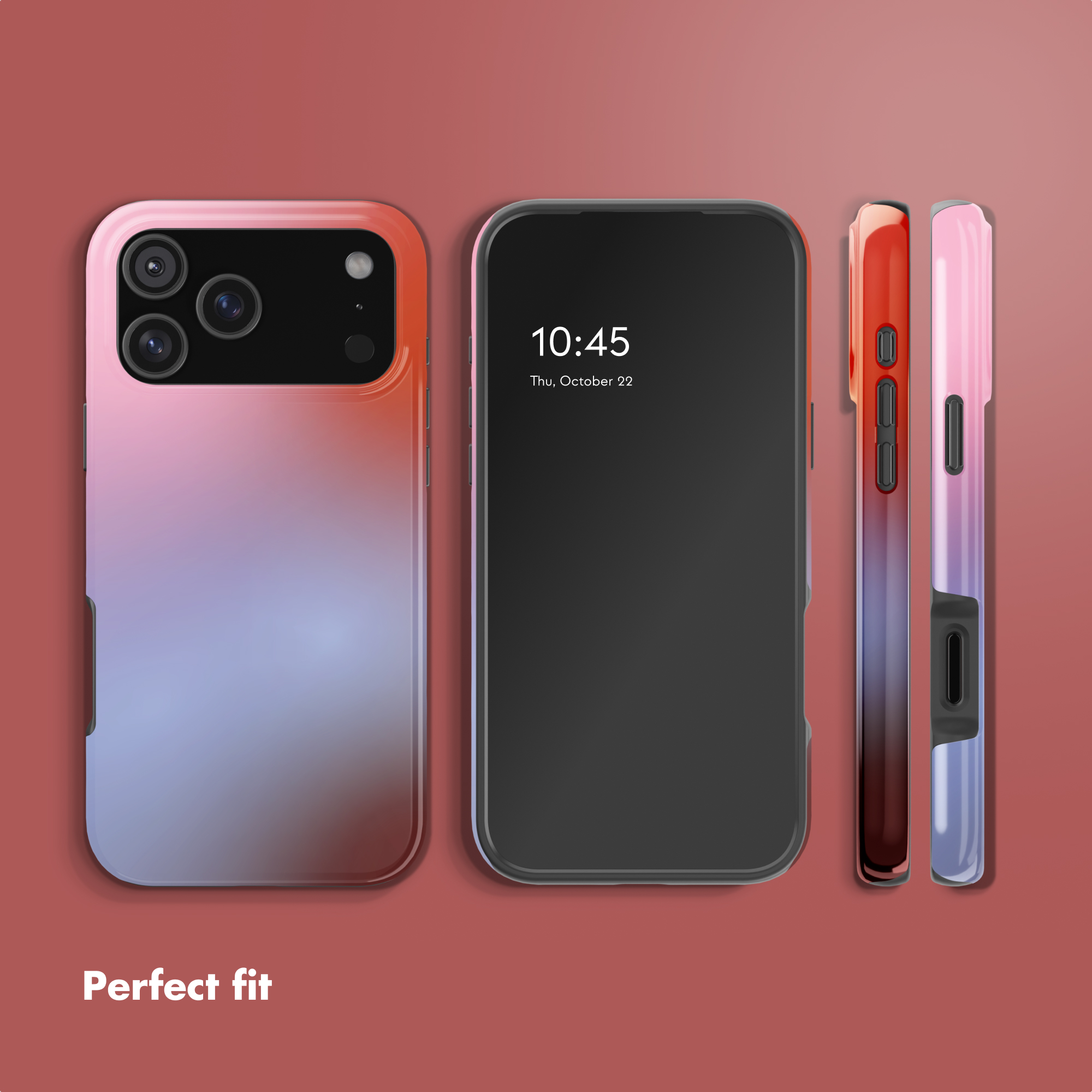 Verschiedene Ansichten eines Smartphones in einer rot-blau-rosa Farbverlauf-Schutzhülle auf rotem Hintergrund.