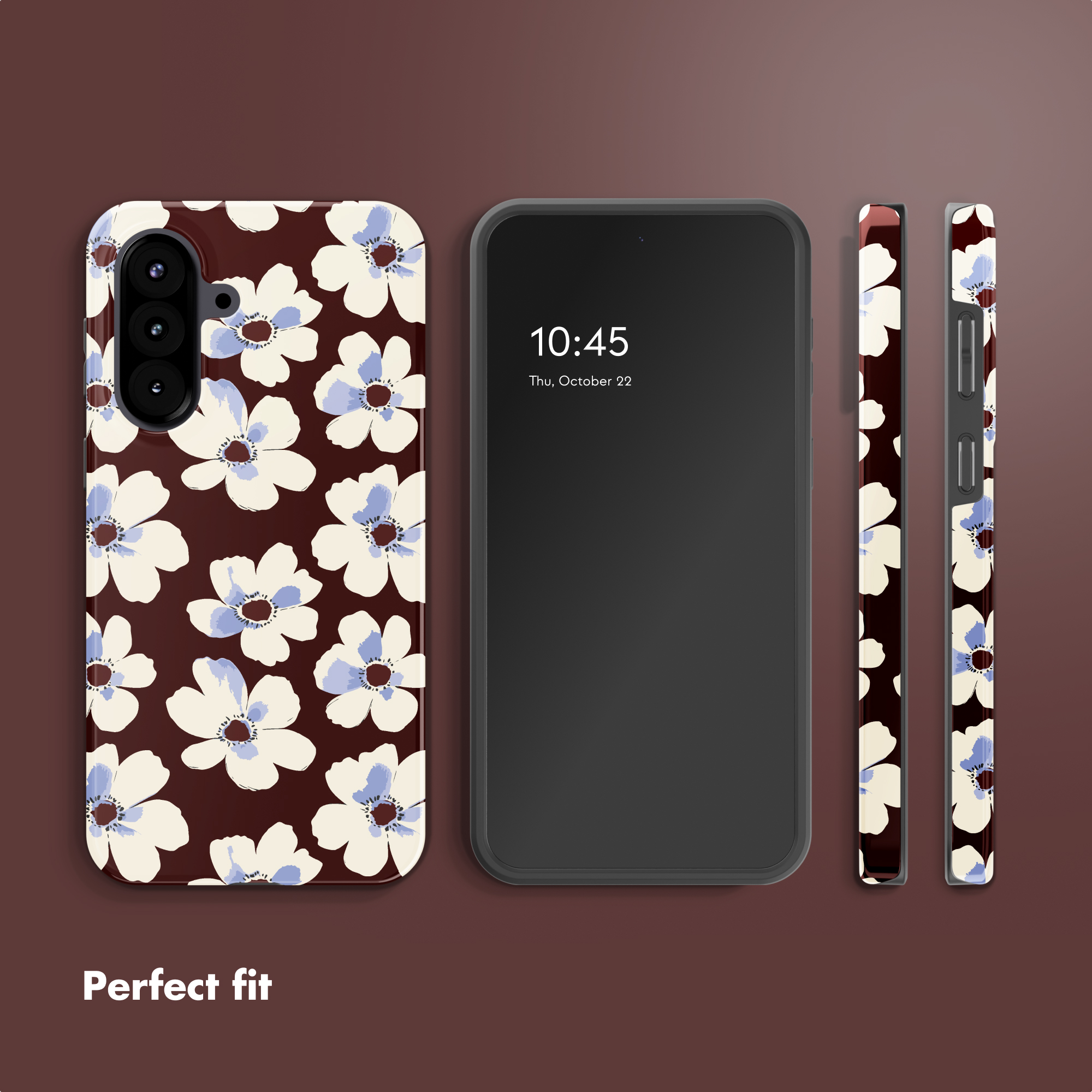 Smartphone con cover marrone con motivo floreale bianco e blu, viste frontali e laterali.