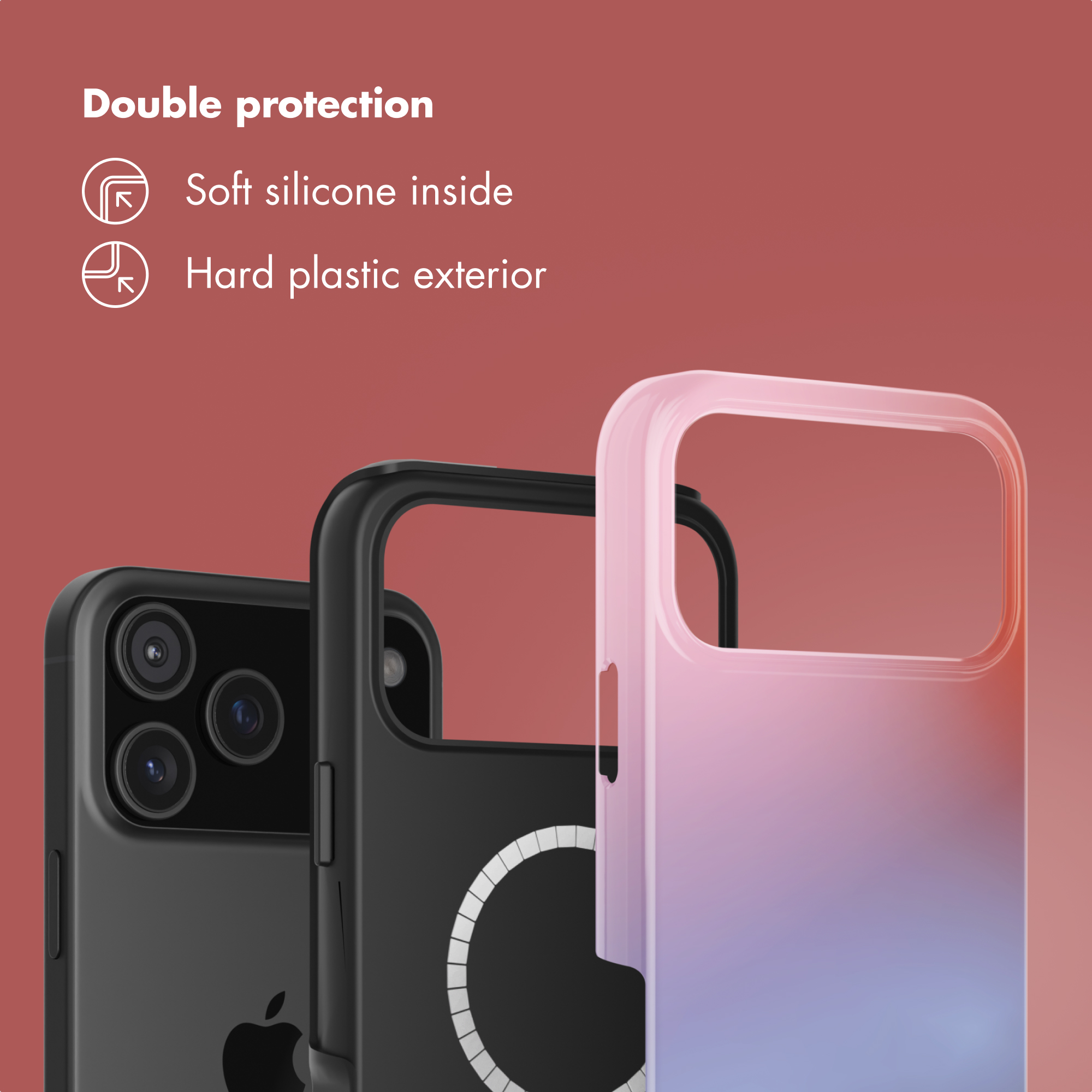 Doppelter Schutz mit weichem Silikon innen und harter Plastikaußenseite für das Smartphone.