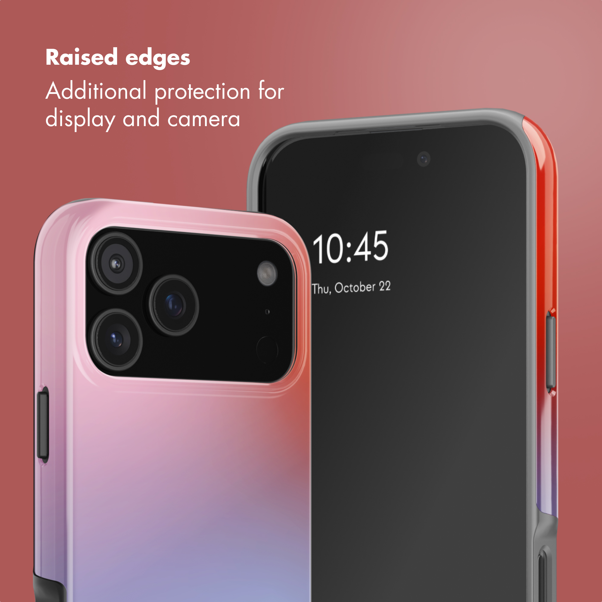 Zwei Smartphones mit farbigen Hüllen zeigen erhöhte Kanten zum Schutz von Display und Kamera vor rotem Hintergrund.