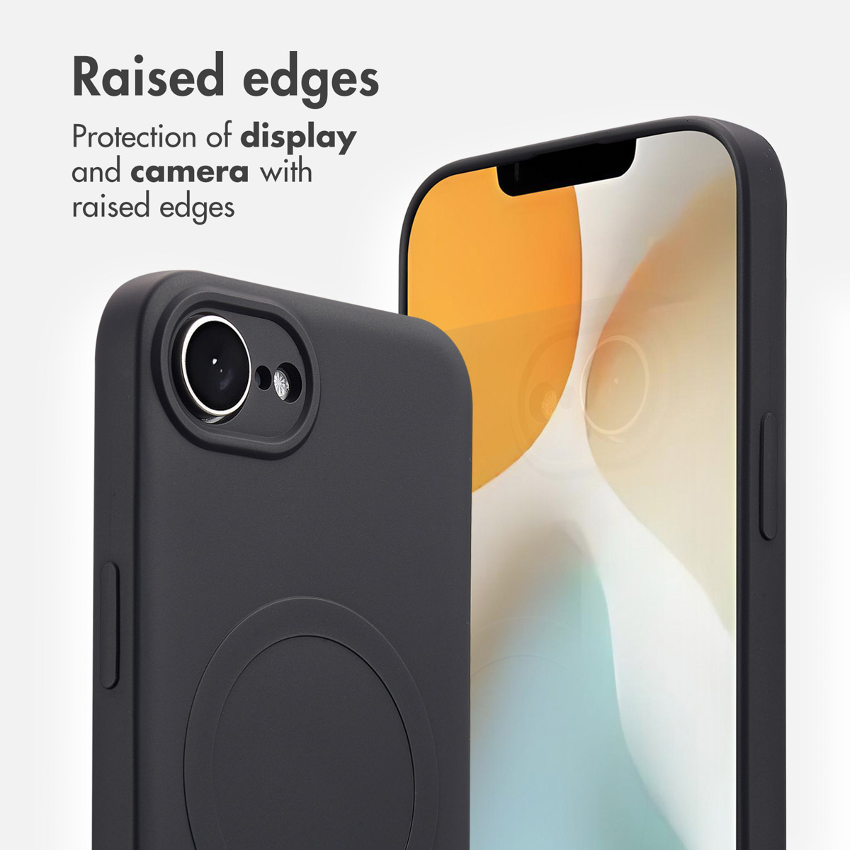 Custodita per cellulare nera con bordi rialzati per proteggere schermo e fotocamera.
