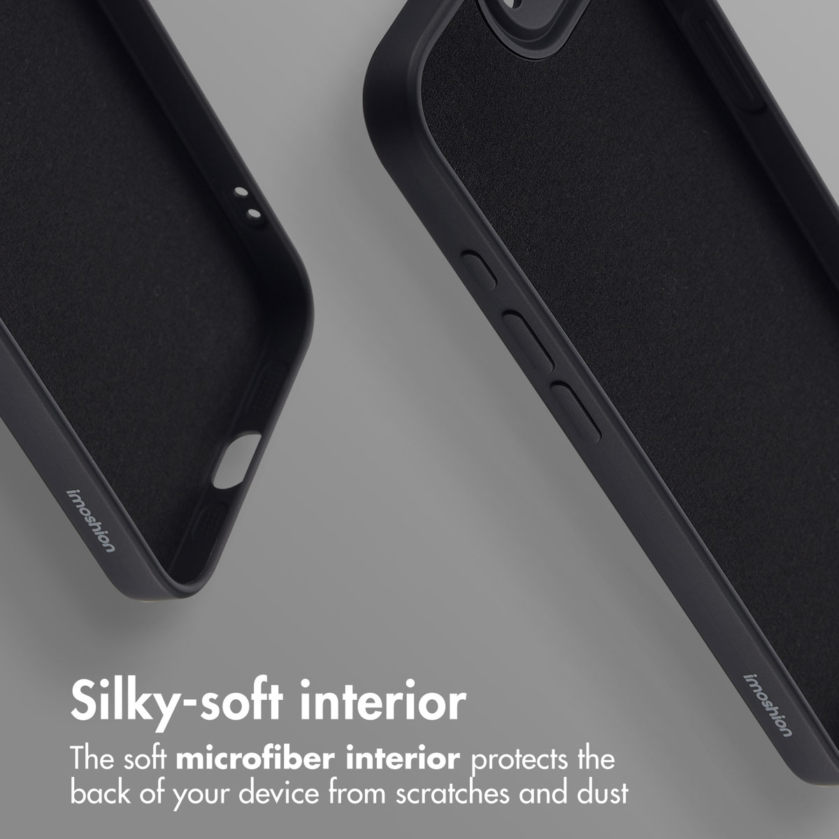 Due custodie nere per smartphone con morbido interno in microfibra su sfondo grigio, con testo sull'interno.