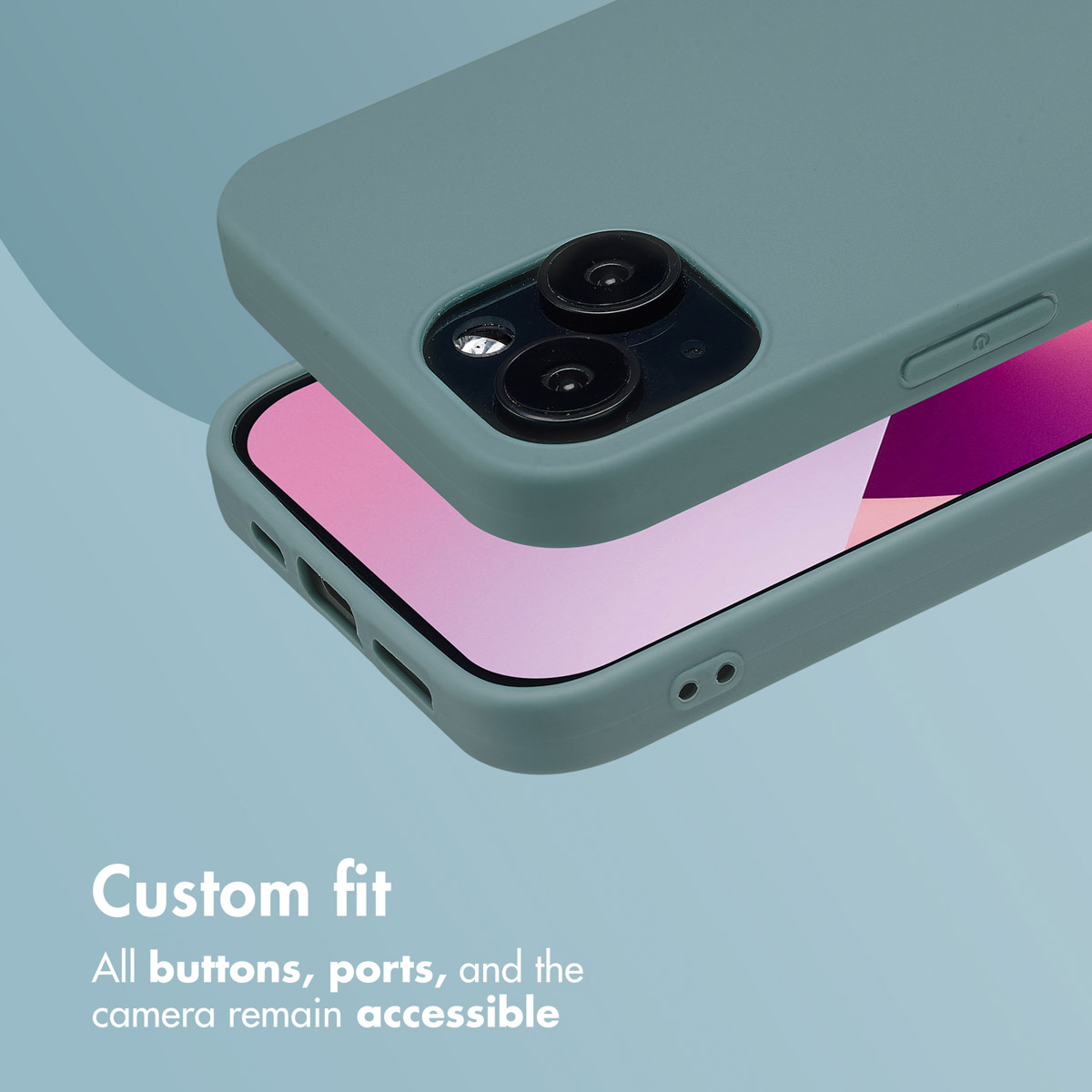 Smartfon w matowym niebieskim etui z dwoma aparatami, na niebieskim tle z tekstem.