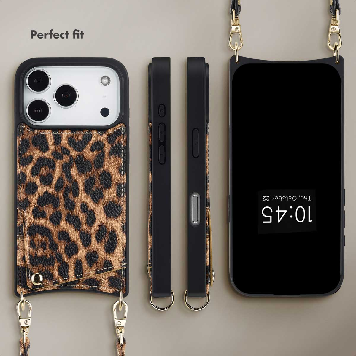 Custodia per telefono leopardata con lacci, vista da dietro, lati e fronte.