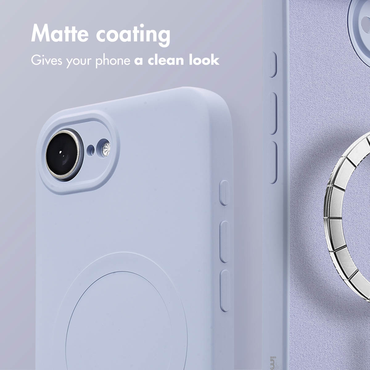 Una cover per telefono viola chiaro con finitura opaca, foro per la fotocamera e un anello magnetico sul retro.
