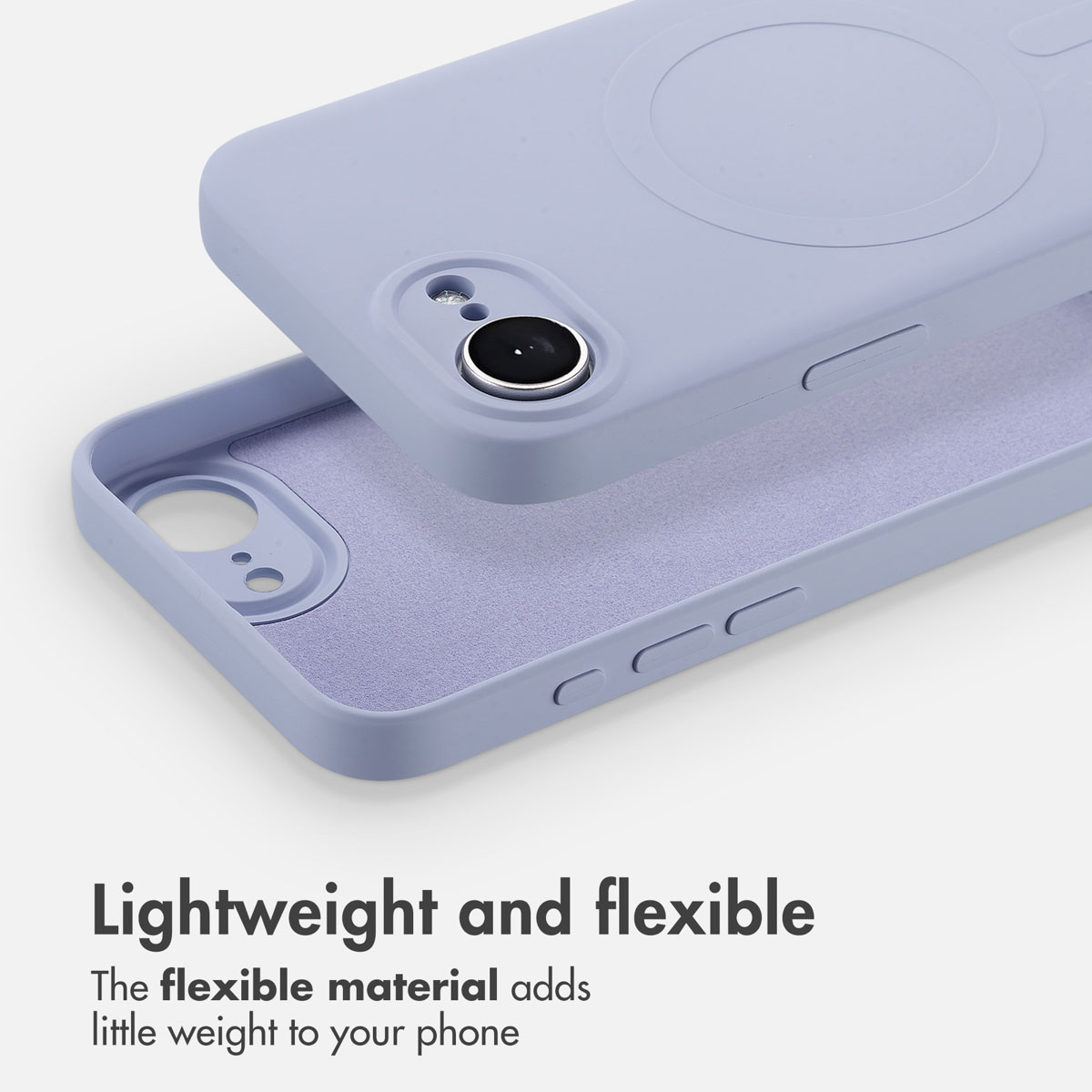 Custodia per telefono in silicone viola chiaro mostrata da dietro e dentro su sfondo bianco.