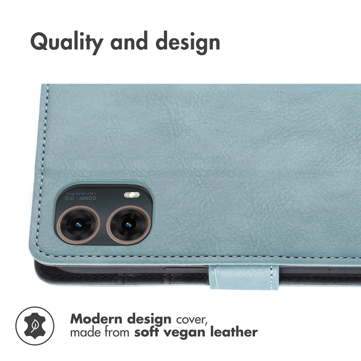 Blaue vegane Lederhülle mit Kameraausschnitt und Text. Qualität und Design.
