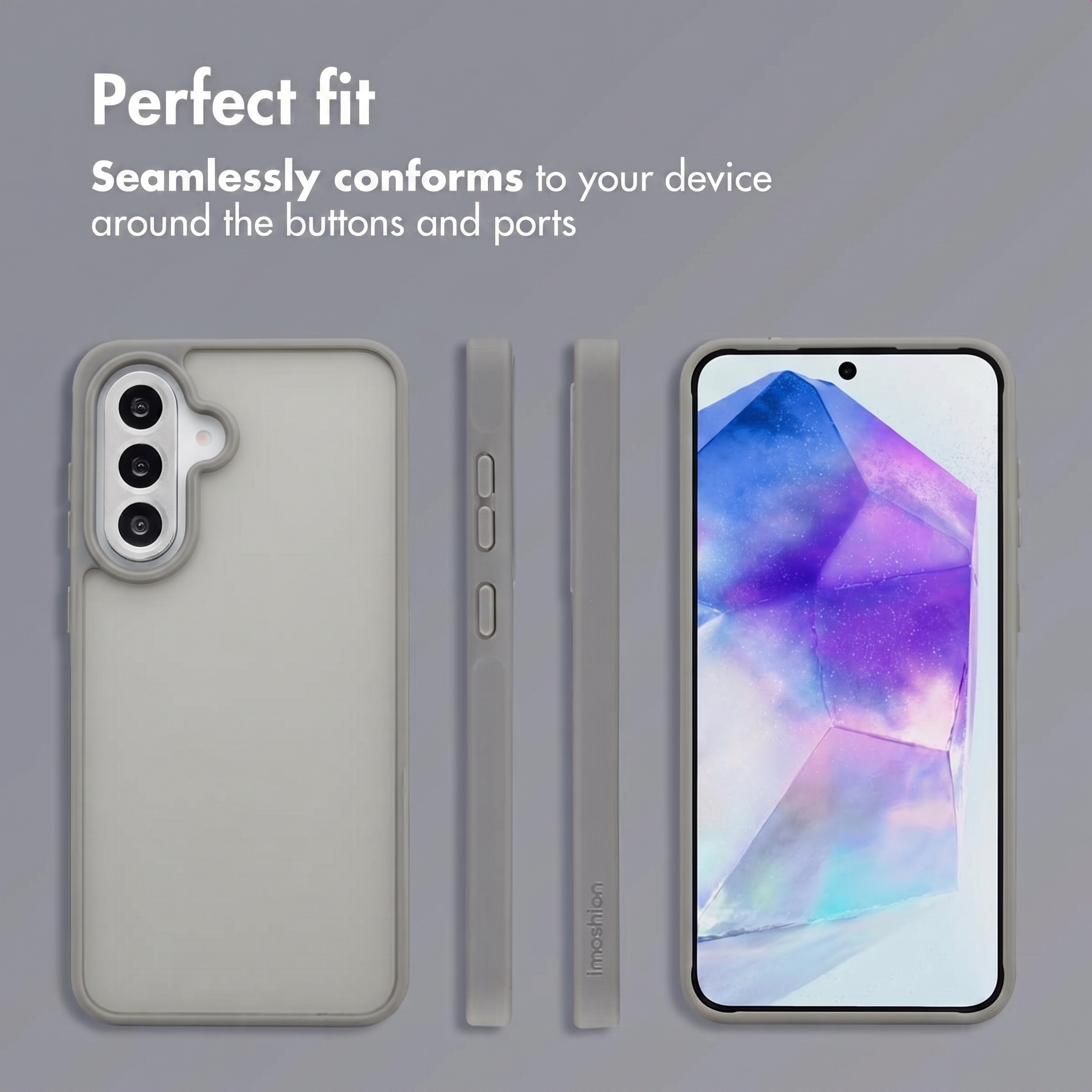 Custodia protettiva grigia per smartphone con aperture precise e copritasti.