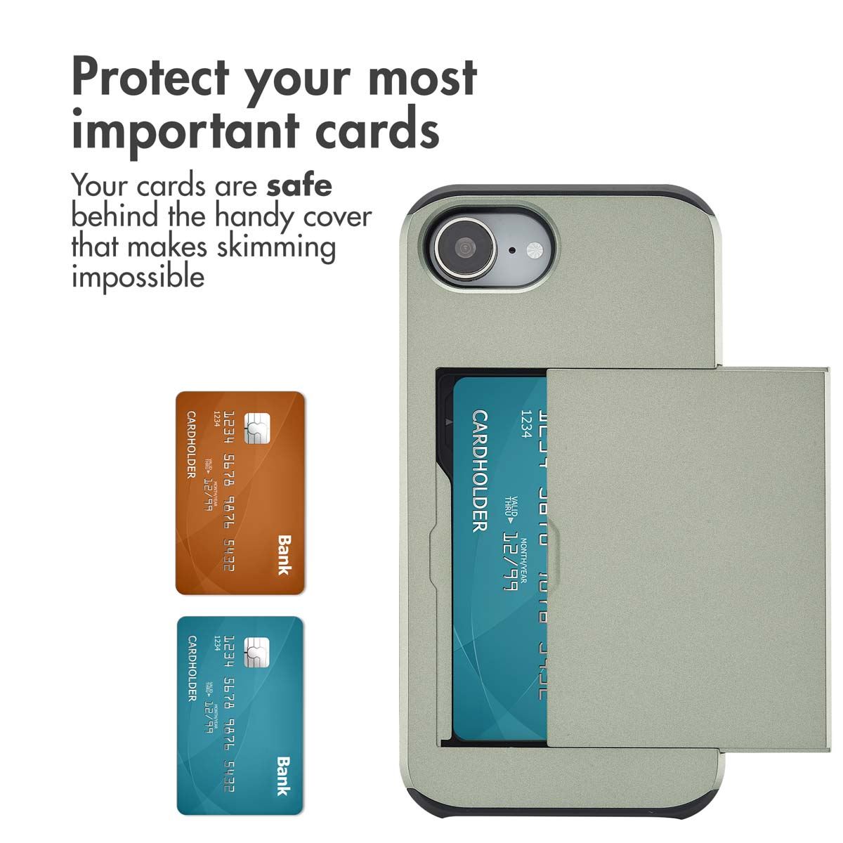 Una custodia per telefono verde con porta carte integrato, affiancata da due carte e testo promozionale.