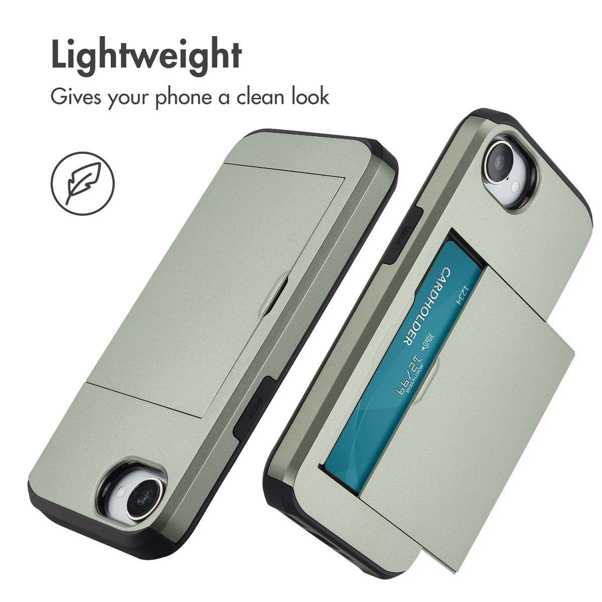 Due cover grige per smartphone, una delle quali mostra una carta di credito nello scomparto posteriore.