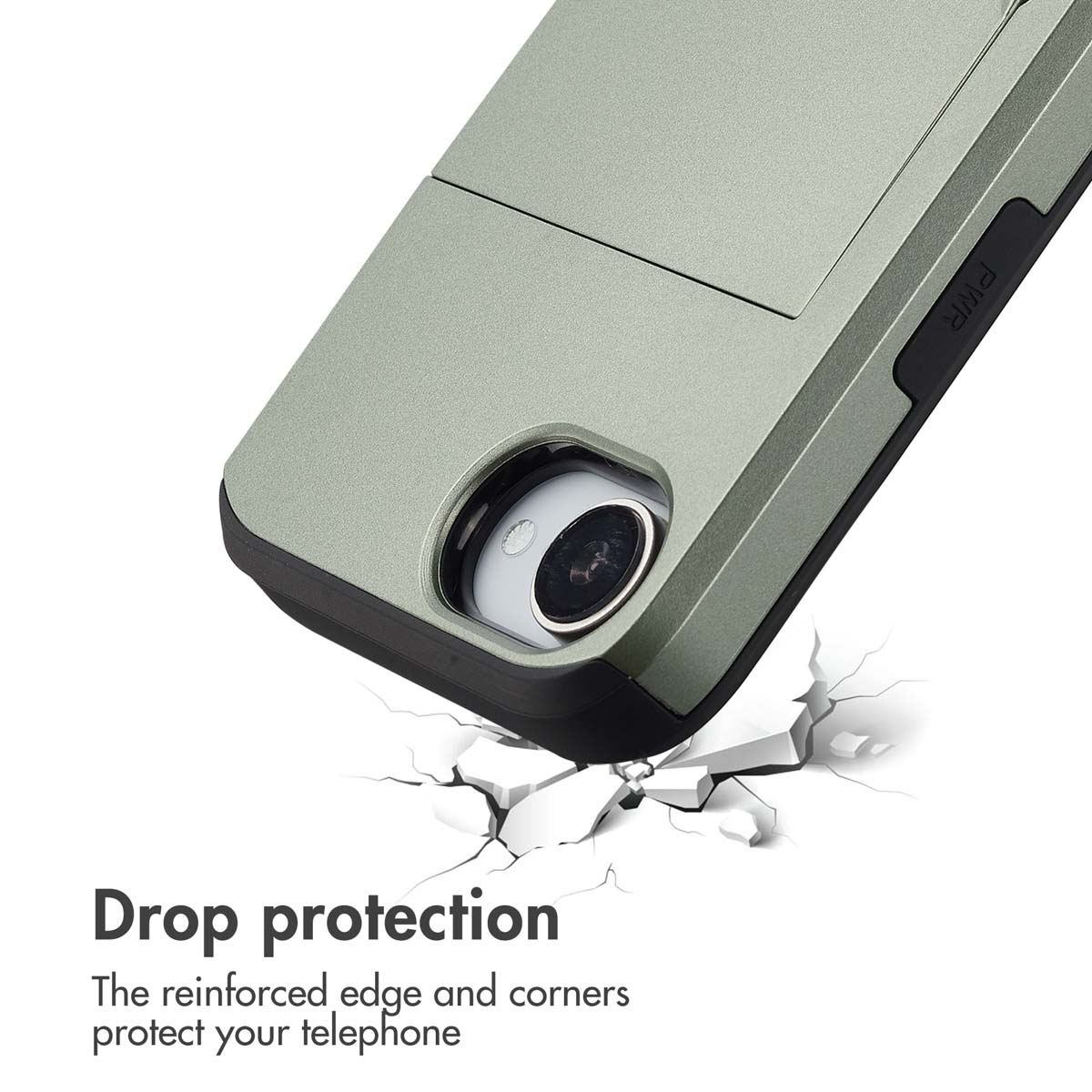Custodia per telefono verde con ritaglio fotocamera su sfondo bianco.