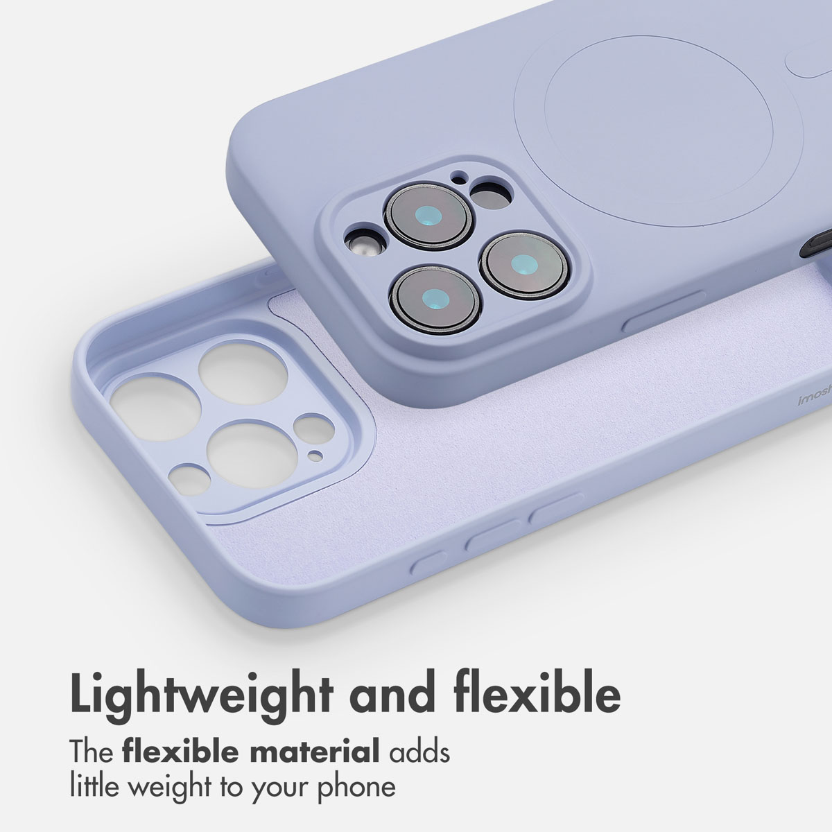 Une coque de téléphone bleu clair avec découpe pour appareil photo et cercle magnétique au dos.