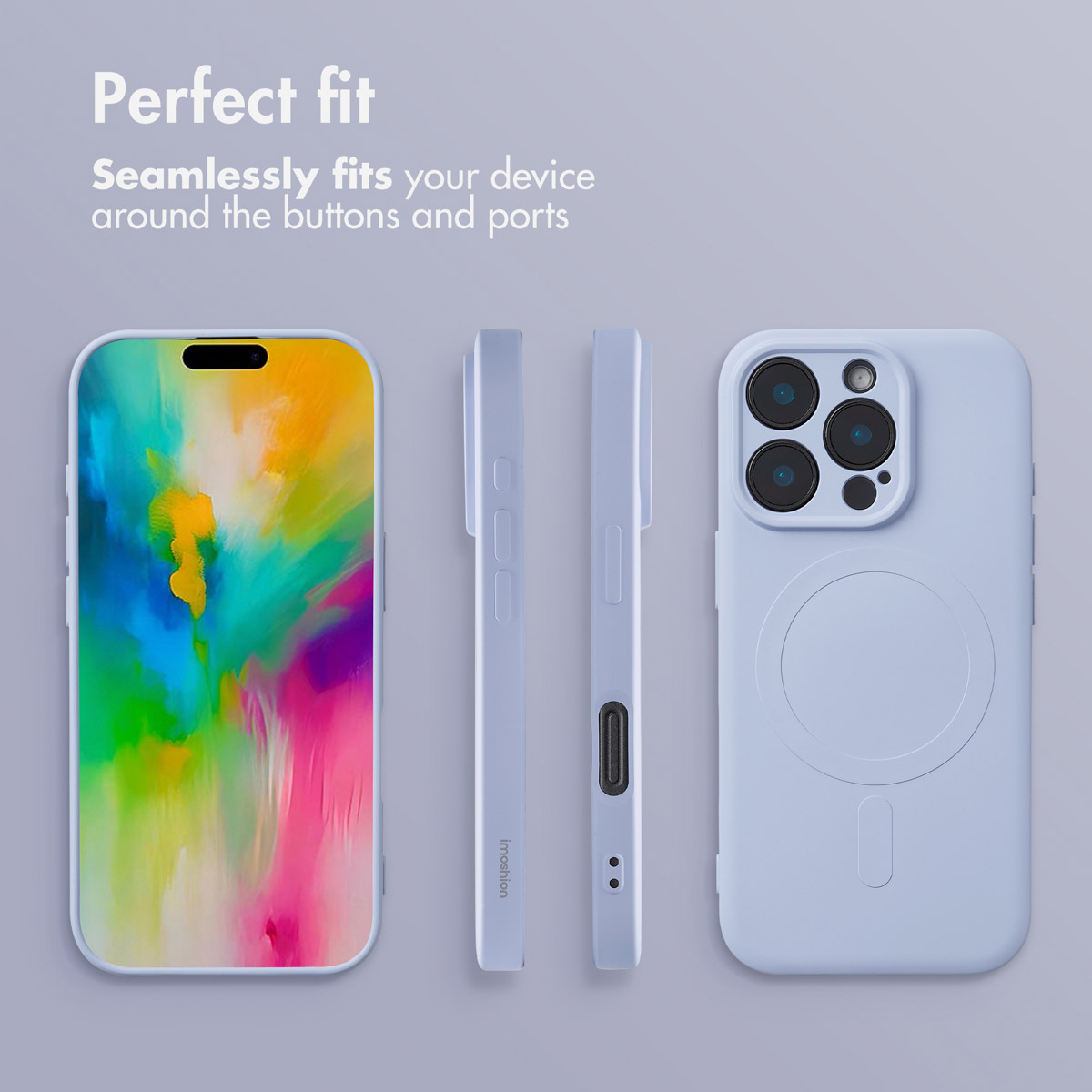 Une coque de téléphone bleu clair présentée de face, de dos et de profil sur fond gris avec du texte.