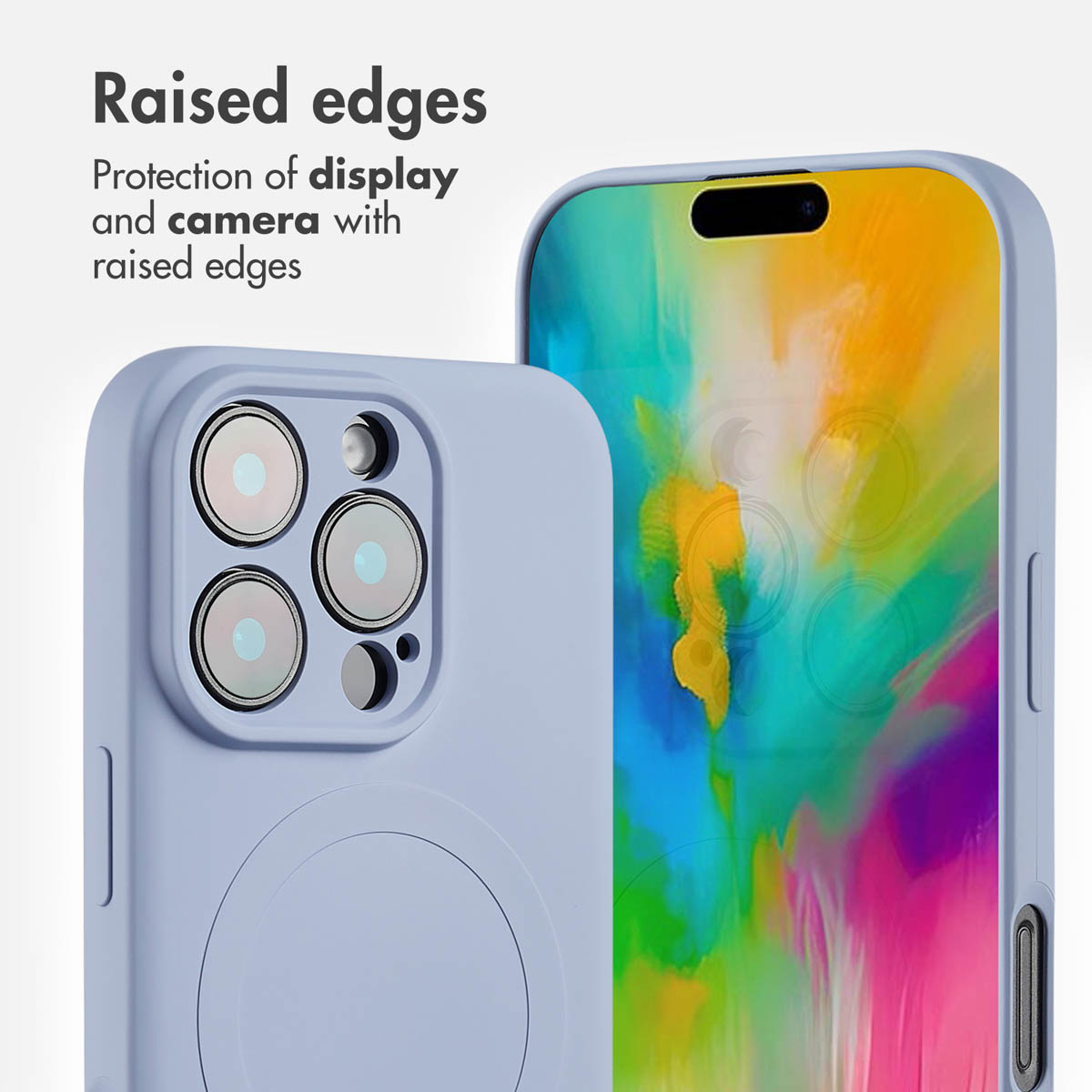 Coque de téléphone violet clair avec bords surélevés pour la protection de l'écran et de l'appareil photo.